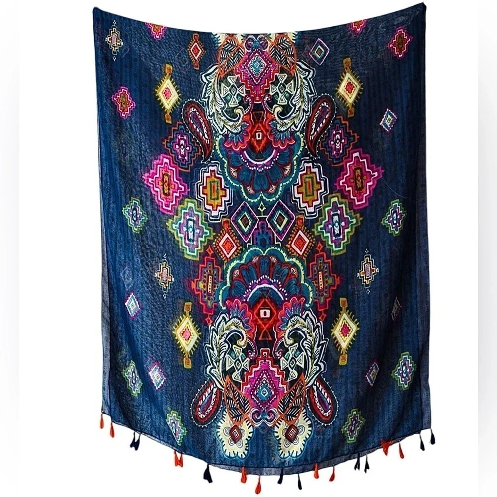 Paisley Print Scarf Aztec Accents Fringe Navy Multicolored Long 36” x 70” New!
